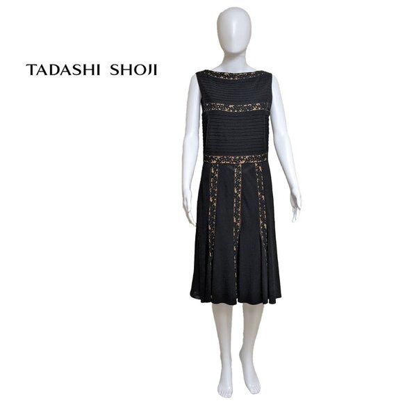 TADASHI SHOJI Black Lace Cocktail Dress w/ Pintucks and Bateau Neckline - Picture 1 of 6